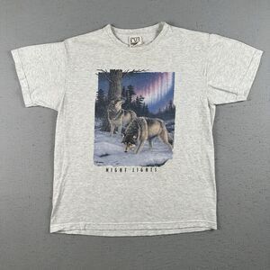 Vintage 90s Wolf Shirt Men’s Large Gray Northern Night‎ Lights Wildlife